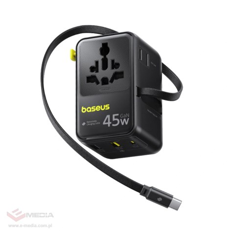Adapter podróżny Baseus PicoGo AG11 45W 6w1 ze zwijanym kablem USB-C - czarny