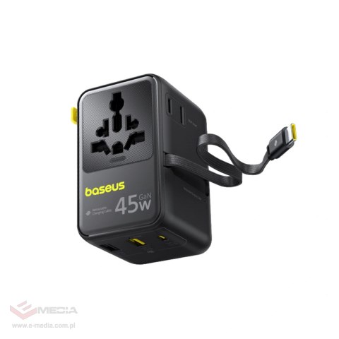 Adapter podróżny Baseus PicoGo AG11 45W 6w1 ze zwijanym kablem USB-C - czarny
