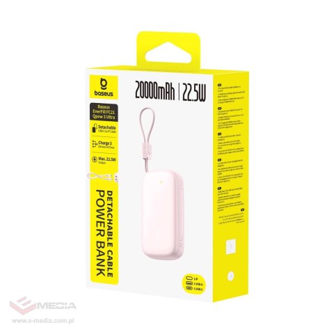 Powerbank Baseus EnerFill FC21 Qpow 3 Ultra 20000mAh 22.5W z wyświetlaczem z dołączonym kablem - różowy