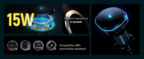 Uchwyt samochodowy Wozinsky WCT5-Q6S2Y z ładowarką indukcyjną Qi/MagSafe 15W na kratkę wentylacji z wentylatorem - czarny