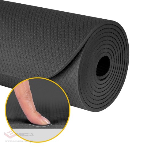 Mata gimnastyczna do ćwiczeń joga, pilates, fitness, 183x61cm, grubość 4mm, materiał TPE, czarna, REBEL ACTIVE