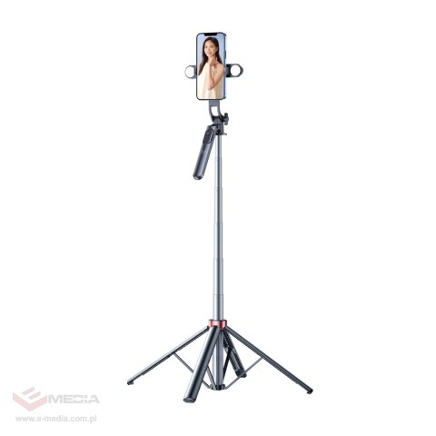 Wozinsky Selfie stick WH181D-Y1S teleskopowy statyw 1.75m ze stopu aluminium z podwójną lampą i uchwytem na telefon - czarny