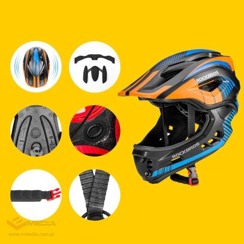 Kask rowerowy Rockbros TT-32SOBL-M dziecięcy z odpinaną szczęką rozmiar M - czarno-pomarańczowy