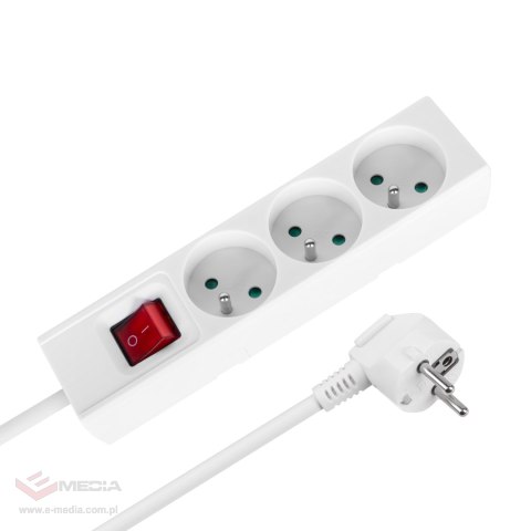 Przedłużacz 3 gniazda 2m typu francuskiego z przełącznikiem (3x1,5mm) Rebel biały
