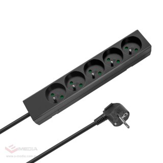 Przedłużacz 5 gniazd 5m typu francuskiego bez przełącznika (3x1,5mm) Rebel czarny