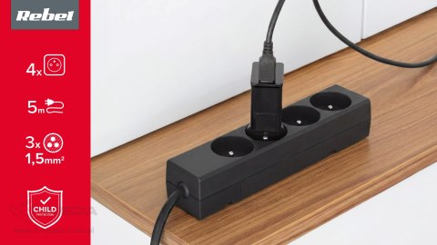 Przedłużacz sieciowy Rebel czarny 4 gniazda bez przełącznika, kabel 5m (3x1,5mm)