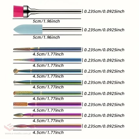ZESTAW FREZÓW FREZY DO PAZNOKCI SKÓREK DIAMENTOWE CERAMICZNE 10 SZT PUDEŁKO