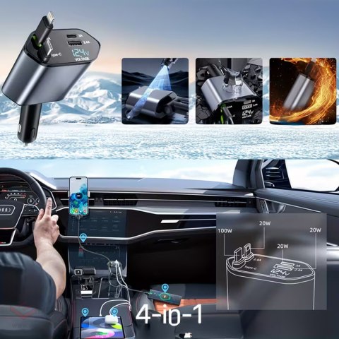 Ładowarka Samochodowa USB C IOS Przegub Zwijak 100W Szybkie Ładowanie 80 cm