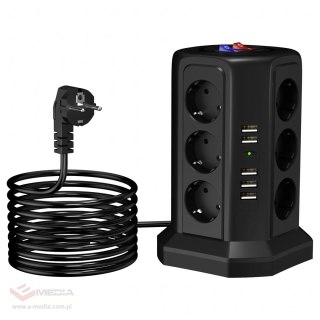 Listwa Zasilająca Stojąca Ochronna Odgromowa 12 Gniazd + 5 Portów Usb Reset
