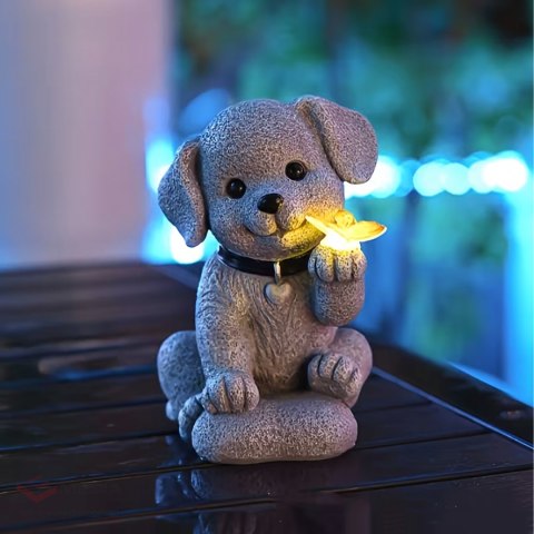 Lampa Lampka Solarna Ogrodowa Ozdobna Ozdoba Pies z Motylem Led Dekoracja