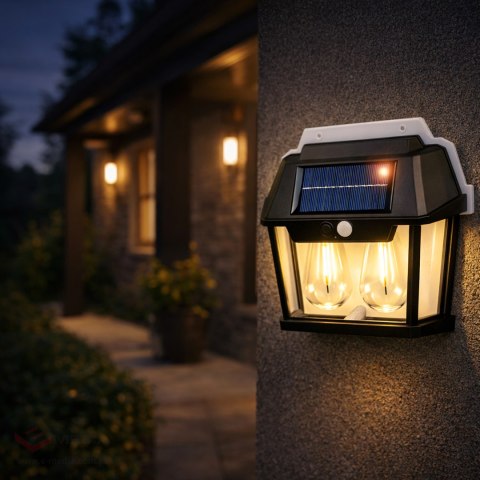 Lampa Solarna Led Podwójna Kinkiet Ogrodowy Elewacyjny z Czujnikiem Ruchu