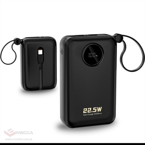 Powerbank Dudao K14+ 20000mAh 22.5W USB-C / USB-A / wbudowane kable Lightning i USB-C - czarny