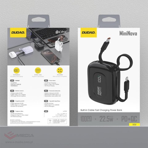 Powerbank Dudao K32 22,5W 10000 mAh z wbudowanym kablem USB-C/Lightning - czarny