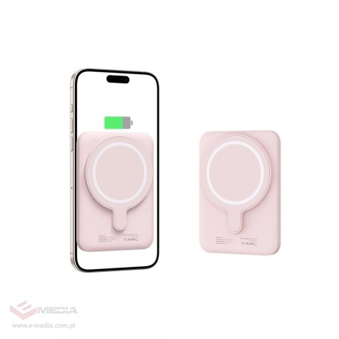Powerbank Tech-Protect LifeMag PB10 z MagSafe 5000mAh 15W port USB-C - różowy + kabel USB-C