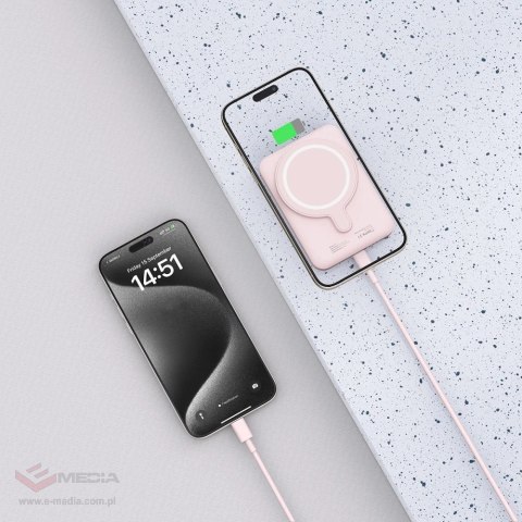 Powerbank Tech-Protect LifeMag PB10 z MagSafe 5000mAh 15W port USB-C - różowy + kabel USB-C