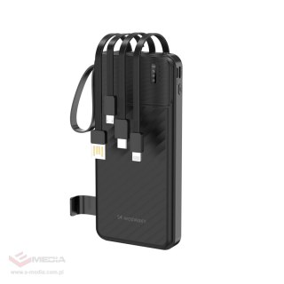Powerbank Wozinsky W11-B 10000mAh 10W z wbudowanymi kablami i latarką - czarny