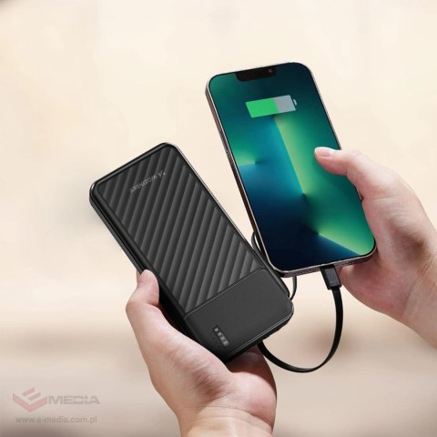 Powerbank Wozinsky W11-B 10000mAh 10W z wbudowanymi kablami i latarką - czarny