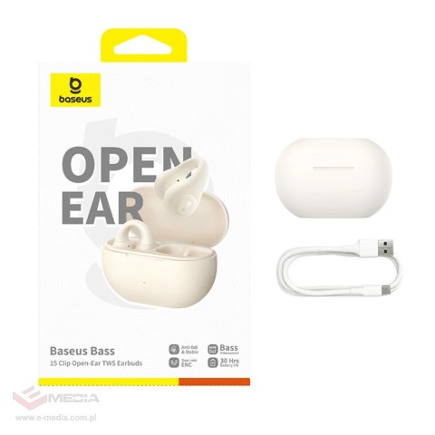Słuchawki Baseus Bass 15 Clip OWS bezprzewodowe z kablem Baseus Simple USB-C 3A 30cm - białe