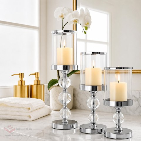 Świecznik Świeczniki Szklane Metalowe Srebrne Lampion Glamour Zestaw 3 szt