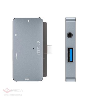 HUB Tech-Protect V6 4w1 USB-C - USB-A 3.0 / USB-C PD100W / HDMI / mini jack 3.5mm - szary