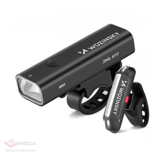 Zestaw lampek rowerowych Wozinsky WSBLB2 przednia (400 lm) USB-C i tylna USB micro - czarny
