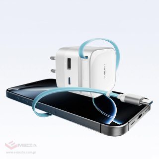 Ładowarka sieciowa Cuktech AD653W 67 W GaN 2x USB-C + USB-A ze zwijanym kablem USB-C 70 cm - biała