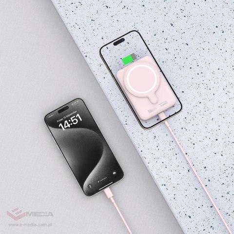 Powerbank Tech-Protect LifeMag PB11 z MagSafe 10000mAh 15W port USB-C - różowy + kabel USB-C