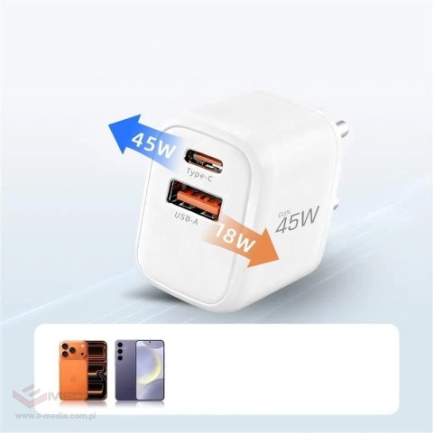 Ładowarka sieciowa Tech-Protect NCA45W-GAN 2-Porty USB-C / USB-A 45W - biała