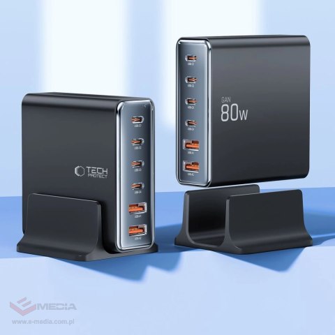 Stacja ładująca Tech-protect DC80W-GAN 6-PORT PD80W/QC3.0 - czarne