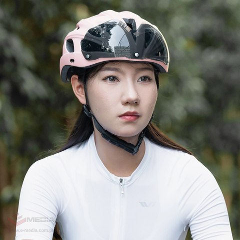 Kask rowerowy Rockbros z szybką, odpinane okulary z ochroną UV, odłączany daszek, unisex - różowy