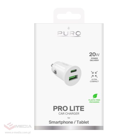 Ładowarka samochodowa Puro Pro Lite 1x USB-A + 1x USB-C Power Delivery 20W - biała