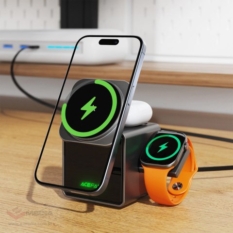 Ładowarka indukcyjna Acefast E34 22,5W 3w1 z wbudowanym kablem na smartfon słuchawki smartwatch - szara