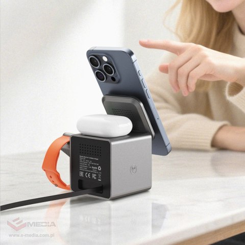 Ładowarka indukcyjna Acefast E34 22,5W 3w1 z wbudowanym kablem na smartfon słuchawki smartwatch - szara