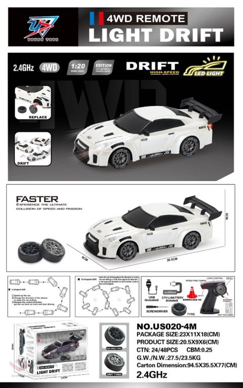 Autko R/C do Driftu 1:20 z Funkcją Świateł Biały
