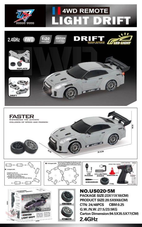 Autko R/C do Driftu 1:20 z Funkcją Świateł Szary