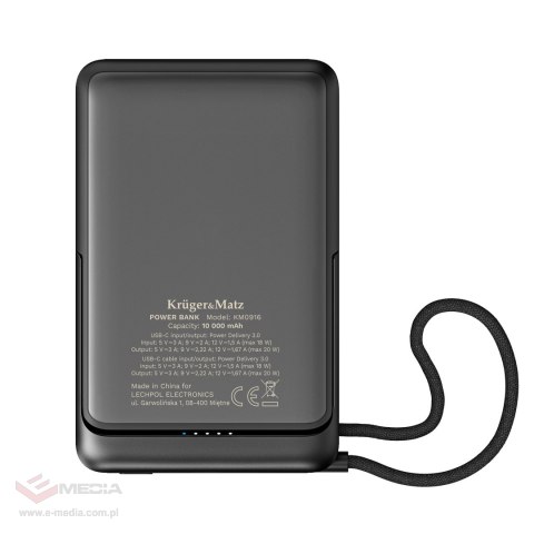 Powerbank Kruger&Matz 10000 mAh Li-pol z fukcją QC oraz PD, certyfikat CCC (kraje Azjatyckie)