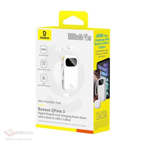 Powerbank Baseus EnerFill FC31 QPow3 10000mAh 45W z wyświetlaczem cyfrowym z 2 wbudowanymi kablami USB-C - biały