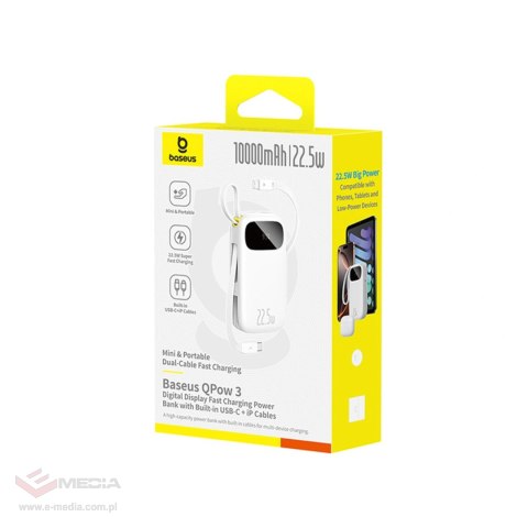 Powerbank Baseus EnerFill FC31 QPow3 10000mAh 22.5W z wyświetlaczem cyfrowym z 2 wbudowanymi kablami - biały