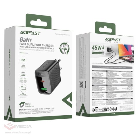 Ładowarka sieciowa Acefast A106 GaN PD 45W USB-C USB-A - czarna