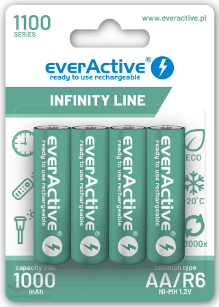 Rechargeable AA / R6 everActive Ni-MH 1100 mAh ready to use batteries - 4 pieces