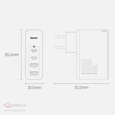 Baseus GaN2 Pro szybka ładowarka sieciowa 100W USB / USB Typ C Quick Charge 4+ Power Delivery biały (CCGAN2P-L02)