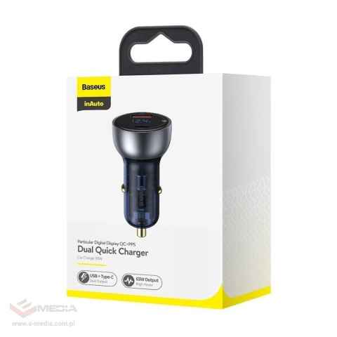 Baseus ładowarka samochodowa USB / USB Typ C 65 W 5 A SCP Quick Charge 4.0+ Power Delivery 3.0 ekran LCD przezroczysty (CCKX-C0A