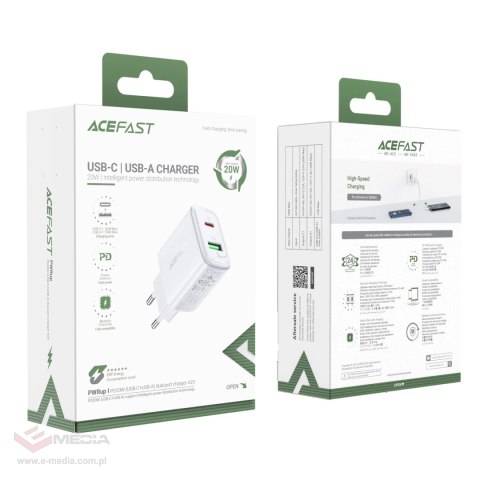 Acefast ładowarka sieciowa USB Typ C / USB 20W, PPS, PD, QC 3.0, AFC, FCP biały (A25 white)