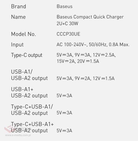 Baseus Compact szybka ładowarka sieciowa 2x USB / USB Typ C 30W 3A Power Delivery Quick Charge czarny (CCXJ-E01)