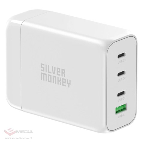 Ładowarka GaN Silver Monkey SMA152 130W 3xUSB-C PD USB-A QC 3.0 z odłączanym kablem zasilającym - biała